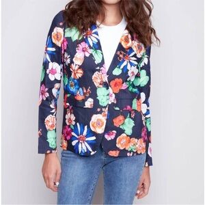 Charlie B Navy Blue Floral Printed Linen Blazer Colorful Women’s size XL